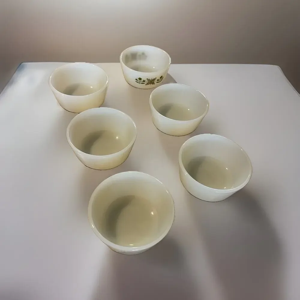 Vintage White Glass Bowls Set of 6 - 1 Green Floral + 5 Plain - Pyrex
